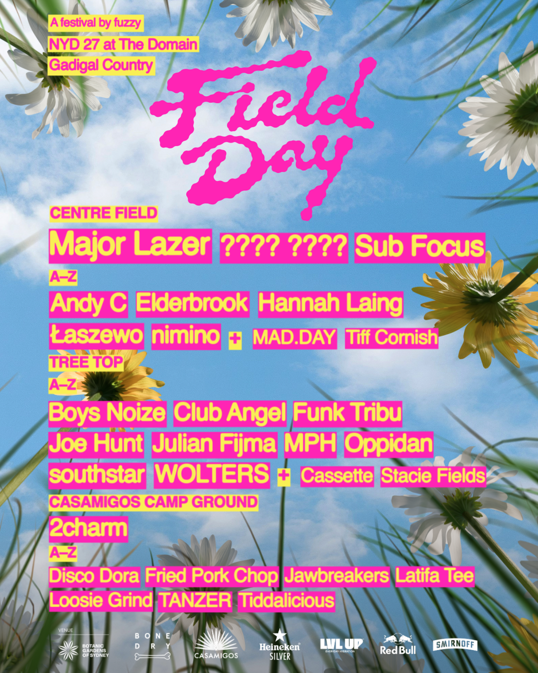 Official poster for Field Day NYD 27 music festival at The Domain, Sydney, featuring headliners Major Lazer and Sub Focus under a bright daisy sky.